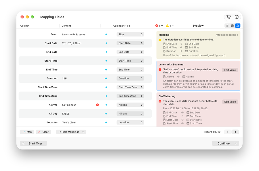 Importer for Calendar for Mac: Explains problems in the data and how to fix them