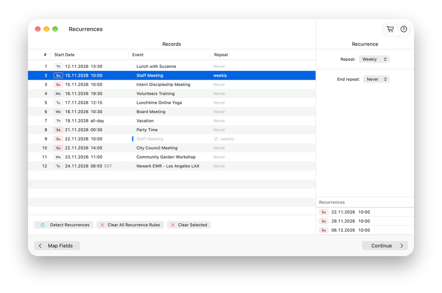Importer for Calendar for Mac: Detect and define recurring events.