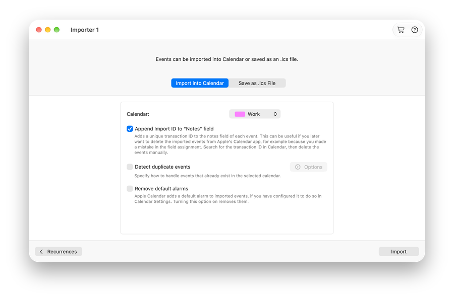 Importer for Calendar for Mac: Import converted events directly into Apple Calendar